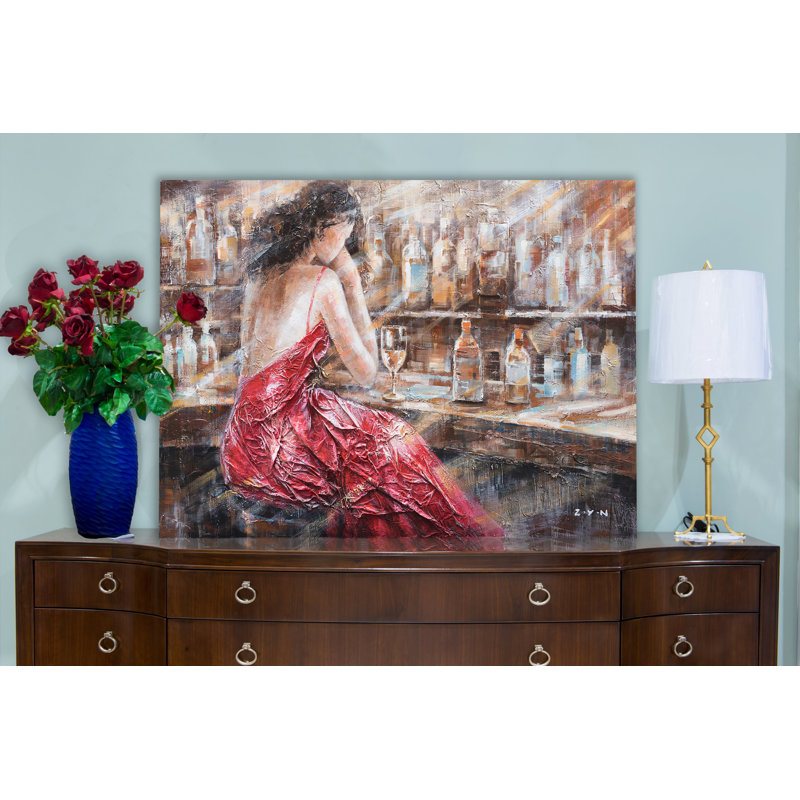 La Dame à la robe rouge - peinture sur toile tendue, H 24 po x l 36 po x P 1,5 po