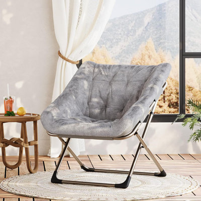 Oversized Saucer Chair, Metal Frame with Faux Fur Upholstery, 300 lb Weight Capacity, Collapsible Design for Bedroom Living Room Dorm Office Use