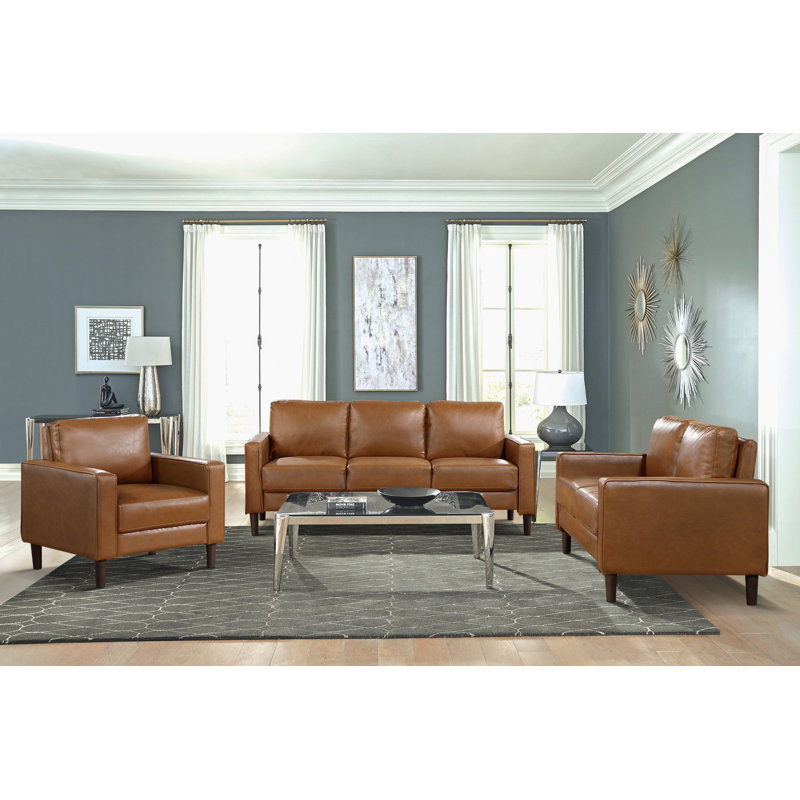 Eric Mid Century Faux Leather 3-Piece Living Room Set with Exposed Tapered Legs, Pocket Coils & Durable Frame, Light Brown