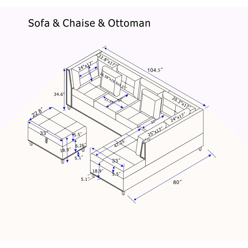 104.5" Upholstered Sofa,Chaise & Ottoman