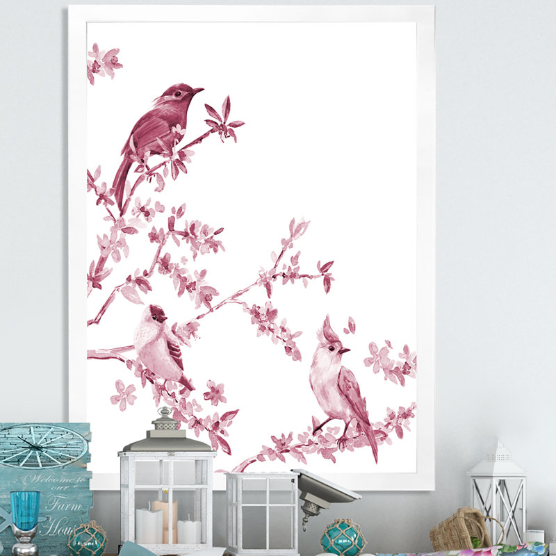 Beautiful Pink Birds - Peinture sur toile encadrée, H 20 po x l 12 po x P 1po, Cadre blanc