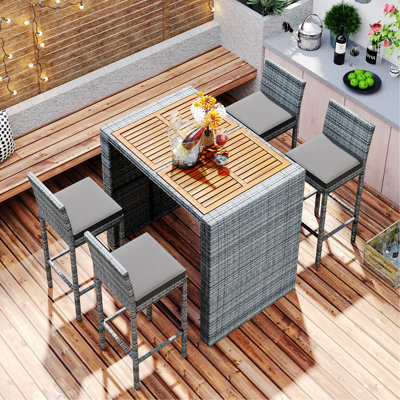 5-Piece Outdoor Patio Wicker Bar Set, Bar Height Chairs With Non-Slip Feet And Fixed Rope, Removable Cushion