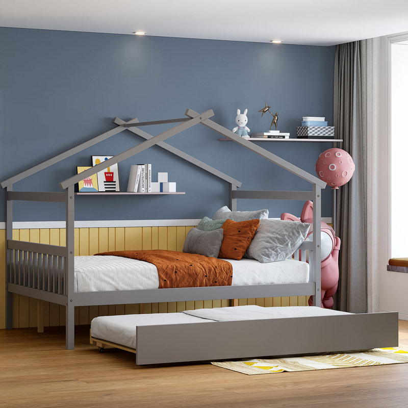 Wooden House Bed With Trundle, Gray, Full
