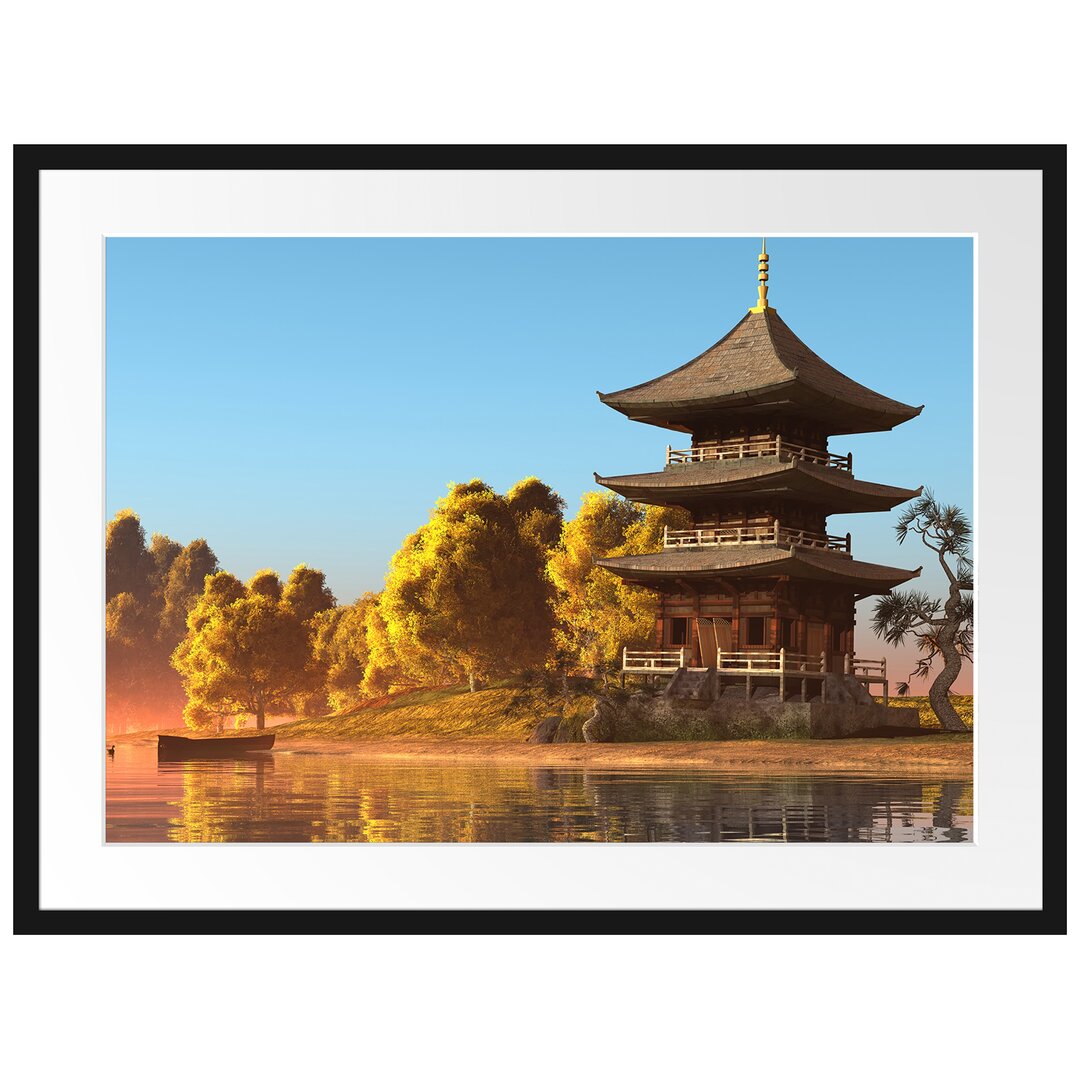 Gerahmtes Poster Asiatischer Tempel an See