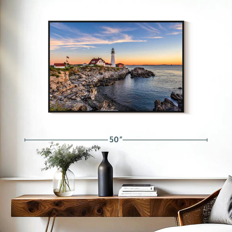 Coucher de soleil sur le phare de Portland Head, Cadre flottant noir, 37 po x 25 po