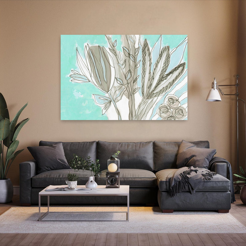 Art mural abstrait printemps été bleu clair clair sur fond gris primitif floral 1, H 40 po x l 60 po