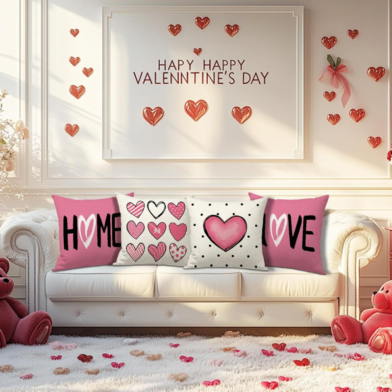 Valentines Day Pillow Covers  Set Of 4 For Valentine Decor Dots Love Heart Throw Pillows Decorative Cushion Cases Valentine‘S Day Decorations
