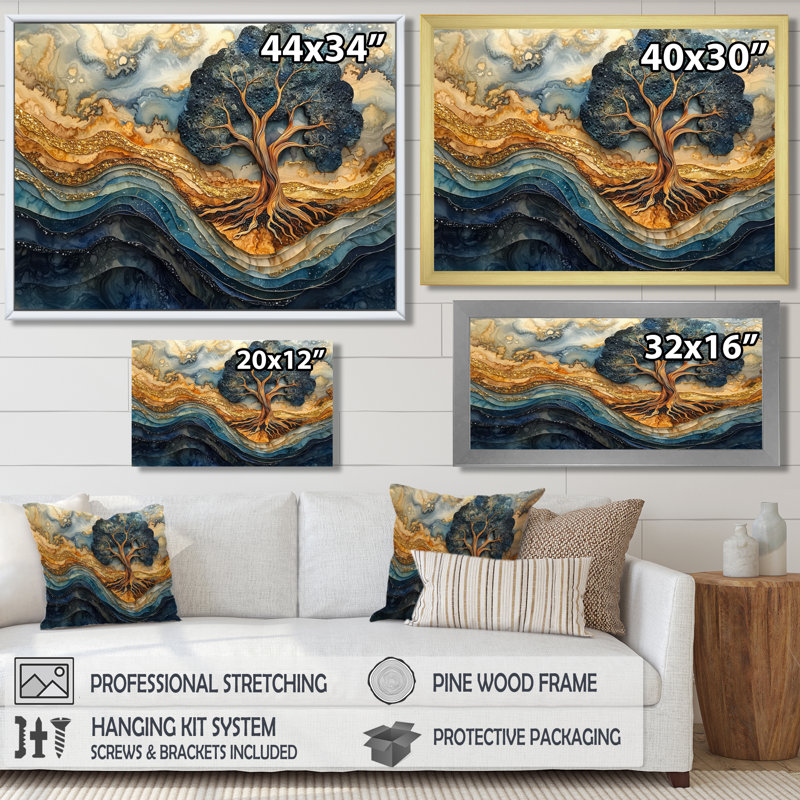 Décoration murale turquoise arbre de vie aqua infini doré, Reproduction d'une seule photo avec cadre, H 30 po x l 40 po, Noir