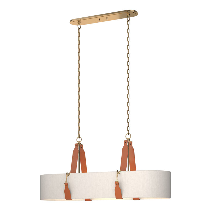 Saratoga 4 - Light Kitchen Island Linear Pendant, Flax Shade, Antique Brass, Chestnut Leather