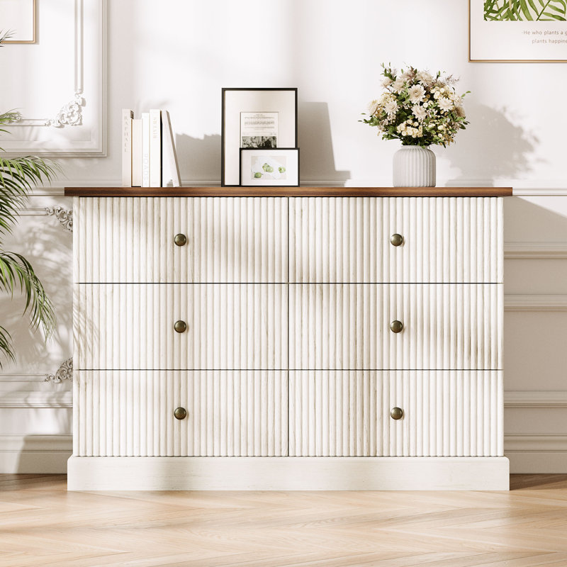 Commode 6 tiroirs à large rangement - Commode en bois cannelée moderne pour la chambre à coucher - Rangement horizontal pour vêtements - Mobilier peu encombrant - Brun-blanc