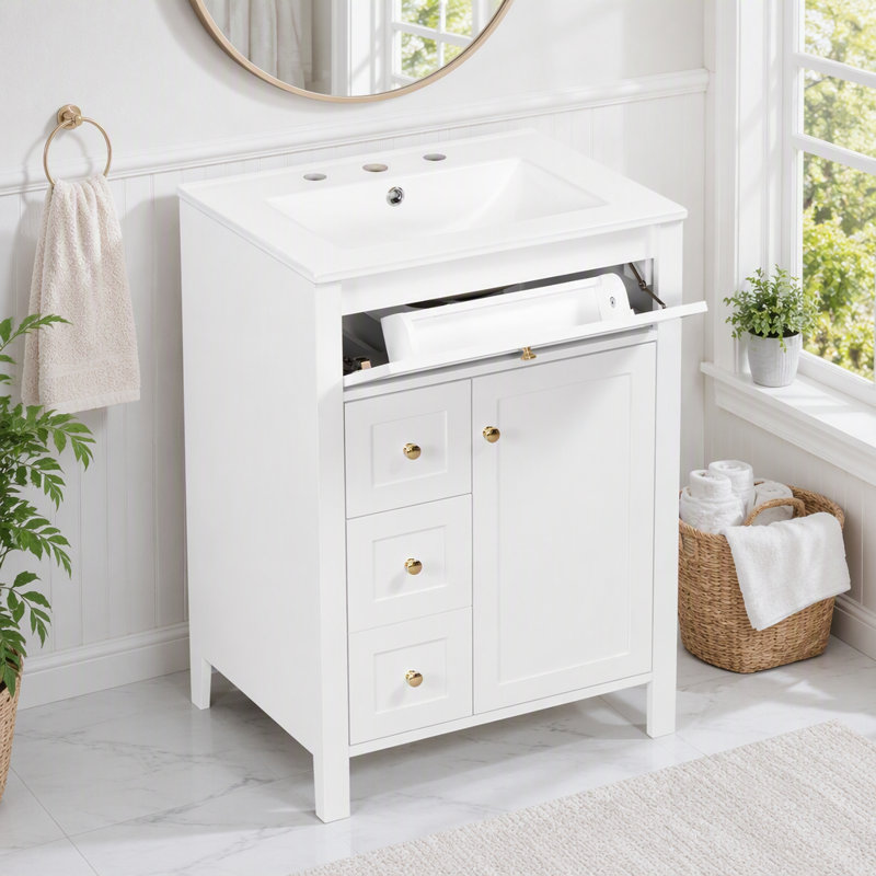 Meuble-lavabo de salle de bain avec porte à fermeture en douceur, plusieurs tiroirs et lavabo en céramique, White
