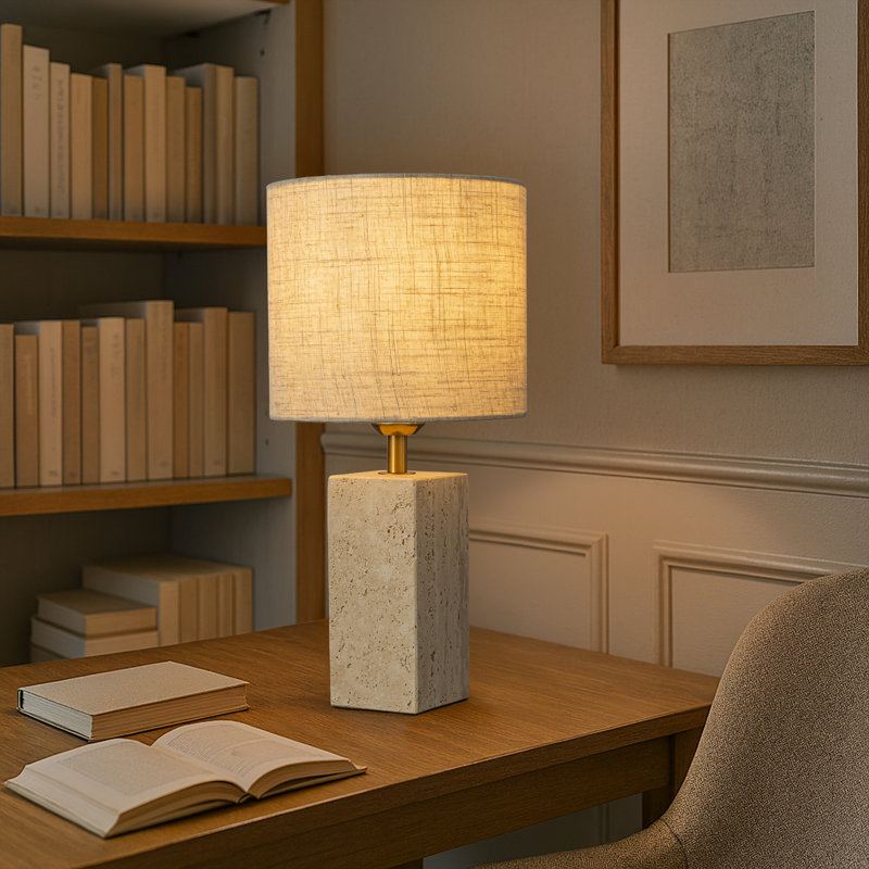 Petite lampe de chevet en pierre de travertin naturelle de 16 po - Lampe de chevet rectangulaire moderne avec abat-jour en lin beige pour chambre à coucher, salon, salle à manger