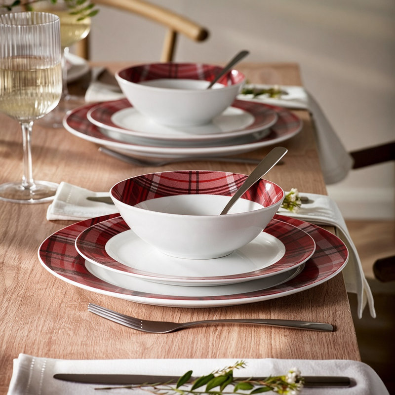 Waterside 12pc Porcelain Burgundy Tartan Dinner Set