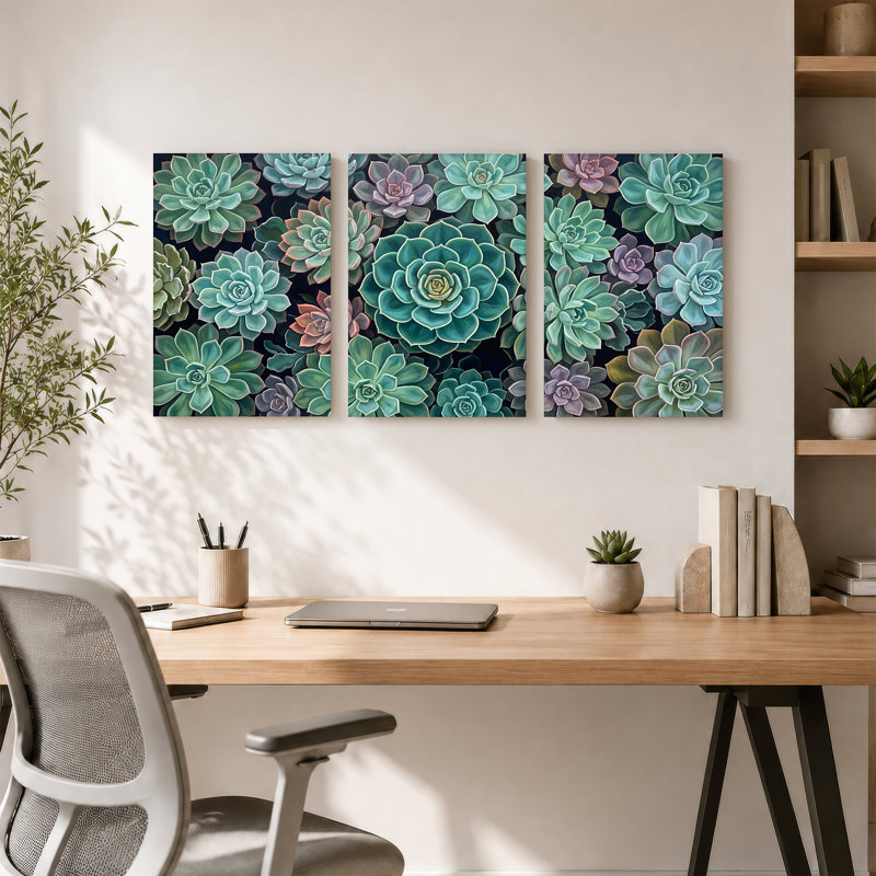 Ensemble de 3 plantes murales sarcelle et vertes sur fond sombre, H 30 po x l 20 po x 3 pièces
