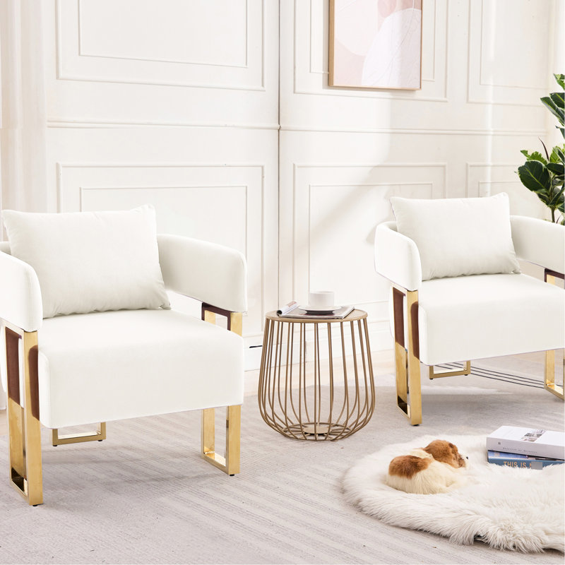 Chaise d'appoint moderne en velours blanc 2 pièces avec pieds dorés, idéale pour les espaces multiples, un soutien ergonomique scientifique et un assemblage simple.