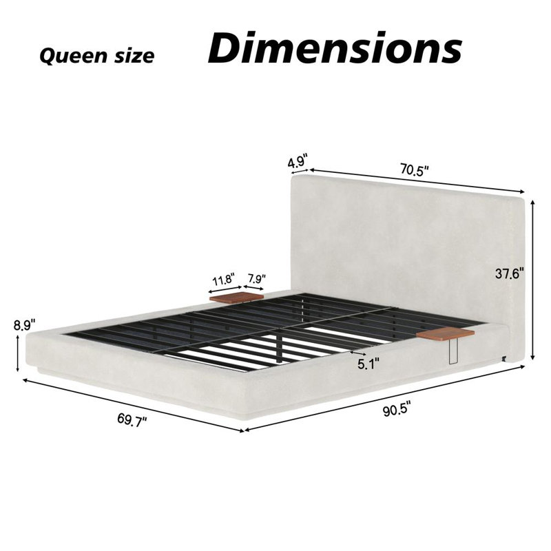Queen Bed Frame with Adjustable Sliding Side Table