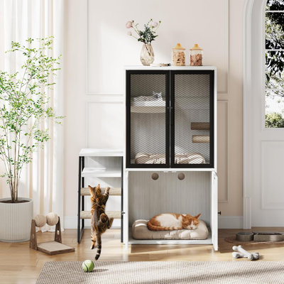 Enceinte de litière pour chat tout-en-un avec hamac et poteaux à griffer, toilette pour chat à porte magnétique, litière cachée en bois double avec plateforme à plusieurs niveaux
