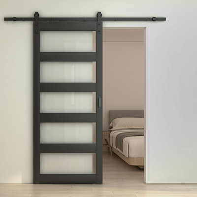 48" X 84" Black Interior Sliding Barn Door With 5-Lite Frosted Glass And Hardware Kit | Gift Idea