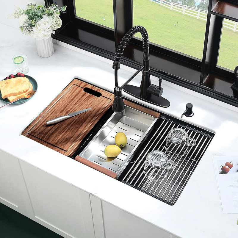 32-Inch Black Undermount Kitchen Sink, Heat And Stain , Workstation With Cutting Board Bottom Grid, Condensation Coating, X Groove For Drainage 32" L 19" W Stainless Steel, Deep Basins, Noise