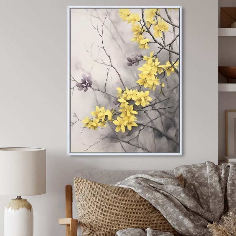 «Yellow Grey Lilacs Fragrants Blossum», reproduction sur toile, H 44 po x l 34 po x P 1,5 po, Cadre flottant blanc
