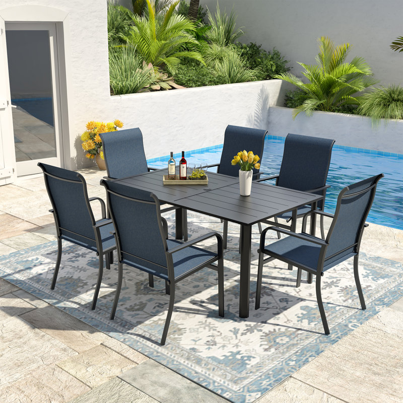 6 - Person 63" Rectangular Patio Dining Table Se, Black/Blue