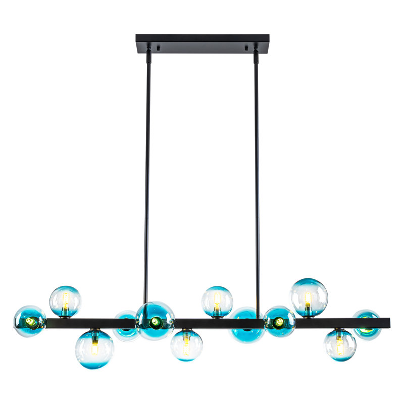 Lustre linéaire moderne en verre bullé 12 lumières à intensité variable Spoutnik, Bleu, Noir mat