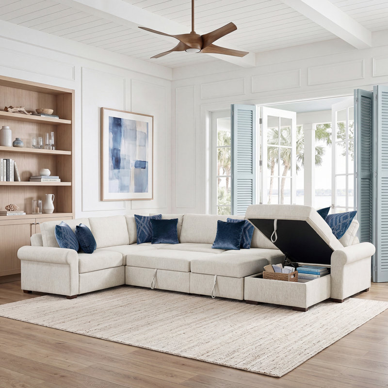 Canapé modulaire en microfibre 5 pièces avec lit escamotable, méridienne réversible et accoudoirs roulés 153 po., Beige