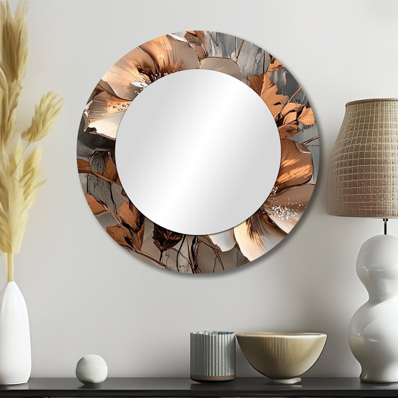 Cuivre métallique et fleurs abstraites chromées I - Miroir moderne pour décoration murale, 23 po x 23 po