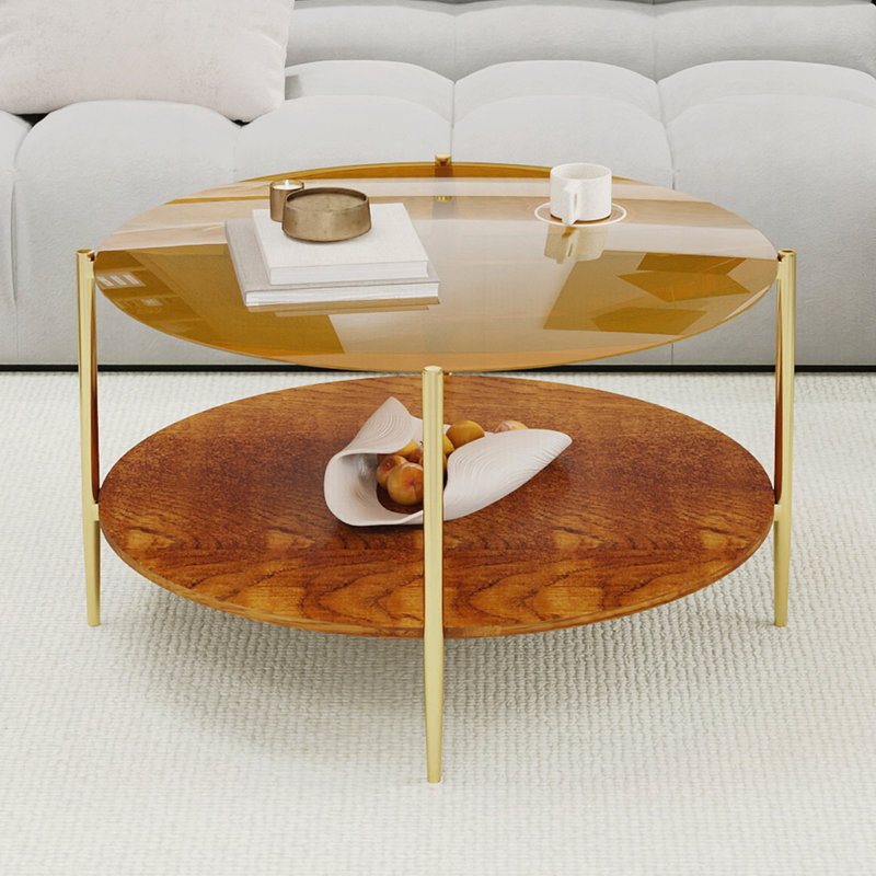 Luxueuse table basse ronde avec plateau en verre trempé doré + tablette de rangement en bois de noyer, pieds robustes en métal doré, 32,28 po de diamètre, centre de table élégant pour le salon moderne