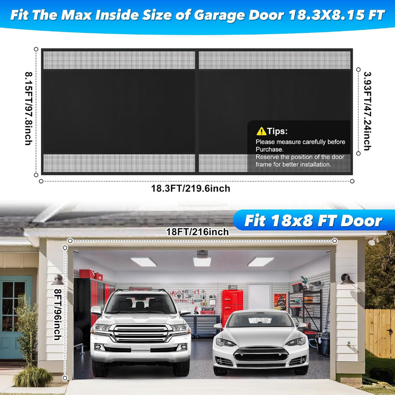 Moustiquaire magnétique de porte de garage de 18 x 8 pi pour garage double