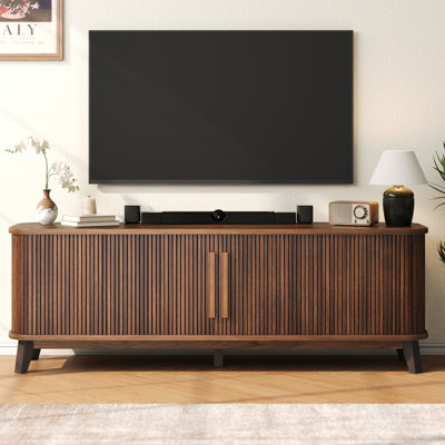 Knoworld 66" Tv Stand For Tvs Up To 80 Inch, Mid-century Modern Entertainment Center With Storage Cabinet & Adjustable Shelves, Wood Curved Tv Media Console With Sliding Doors For Living Room, Walnut