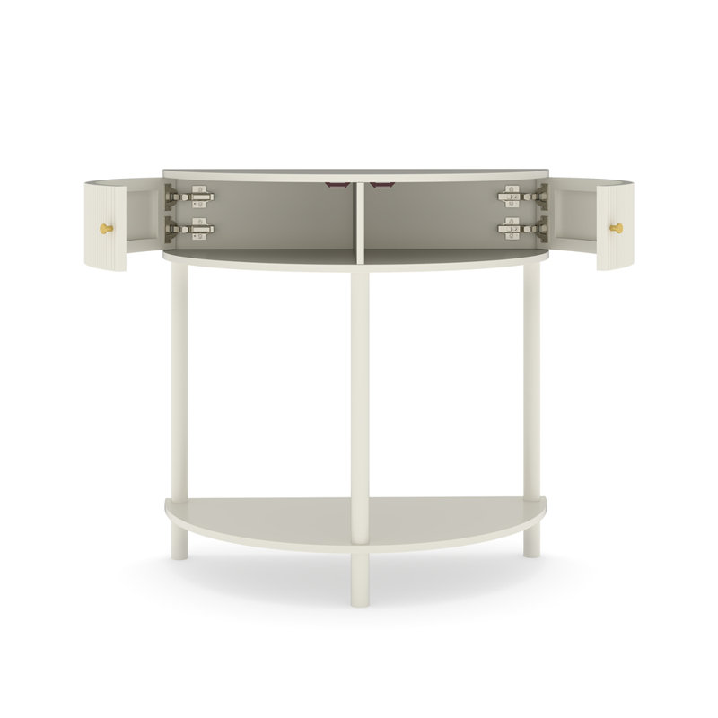 Table de bout unique en forme de demi-lune avec 2 tiroirs de rangement et une tablette inférieure, Blanc, crème