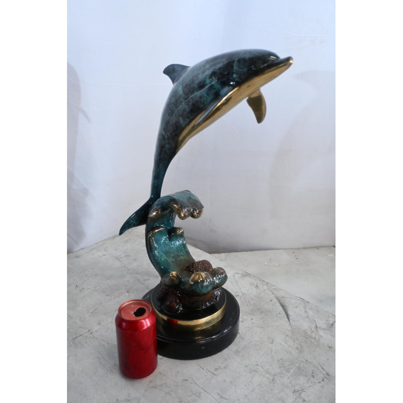 Single Dolphin Bronze Sculpture Leaping Wave Base 13"x8"x21"H