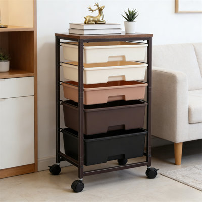 Five Layer Drawer Style Multifunctional Cart, Storage Drawer Cart With Wooden Tabletop And Lockable Wheels, Handicraft Storage Cart, Five Layer Rolling Multifunctional Cart With Wheels