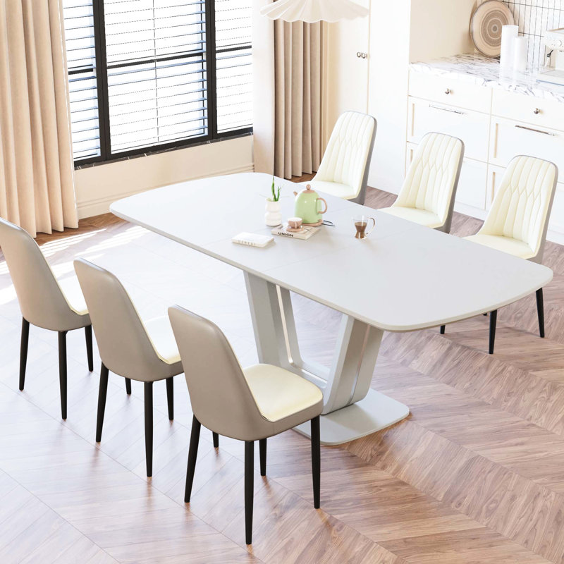 Table de salle à manger extensible 62,99 à 78,74 po avec 6 chaises en tissu polyuréthane, pieds en forme de U, idéale pour travailler 2 à 8 personnes, grands groupes confortables