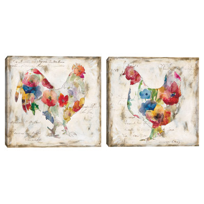 Flowered Hen & Rooster by Carol Robinson, 12x12" Each, 2-Piece Floral Rooster Canvas Wall Art Print Set