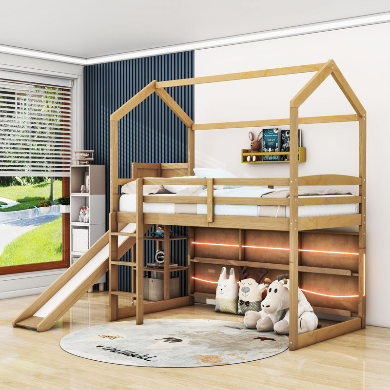 Lit mezzanine simple Amrina avec glissoire et tablettes de rangement, Bois
