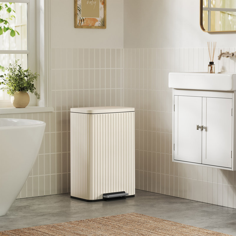 50L(13Gallon) Steel Pedal Kitchen Bin, Soft‑Close Lid, Removable Inner Bucket, 15 Rubbish Bags Included, Cream White