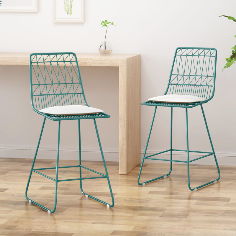 Tabourets de comptoir modernes en fer 2 avec coussins beiges et repose-pieds
