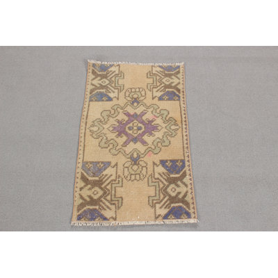 Small Beige Antique Turkish Rug Perfect for Entryway or Small Spaces Made of Wool