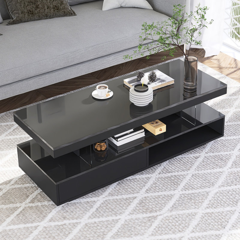 Table basse moderne à DEL avec 2 tiroirs, tablettes, Black