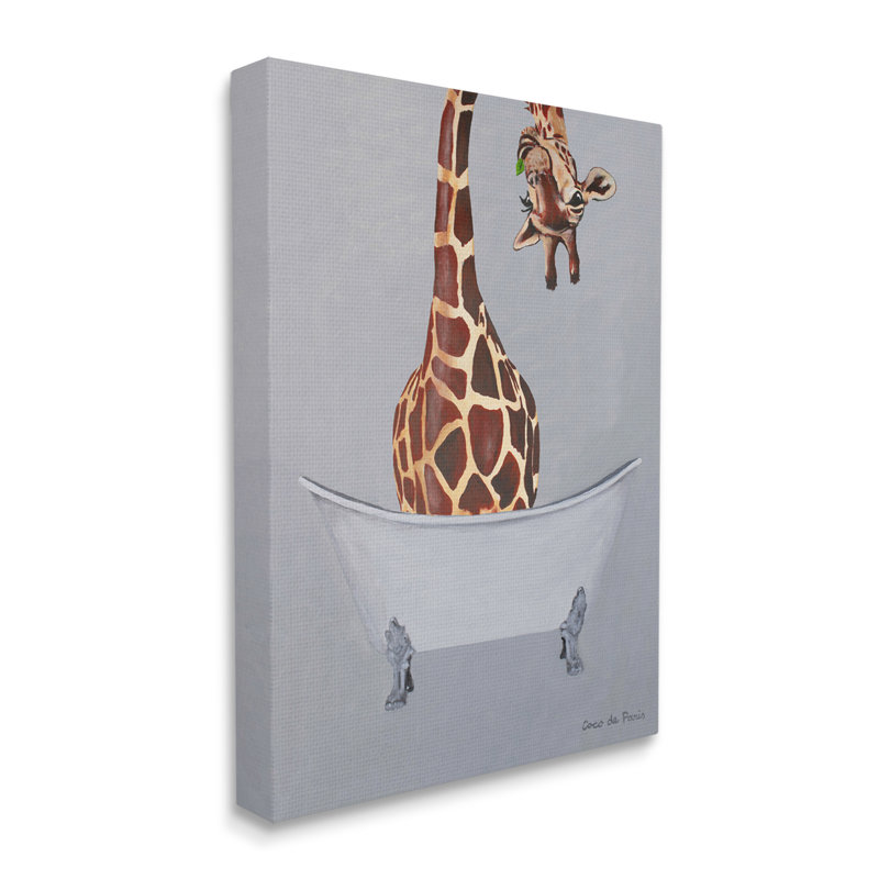 Drôle de girafe avec baignoire et cou par Coco de Paris - Peinture, Toile tendue, H 20 po x l 16 po x P 1,5 po