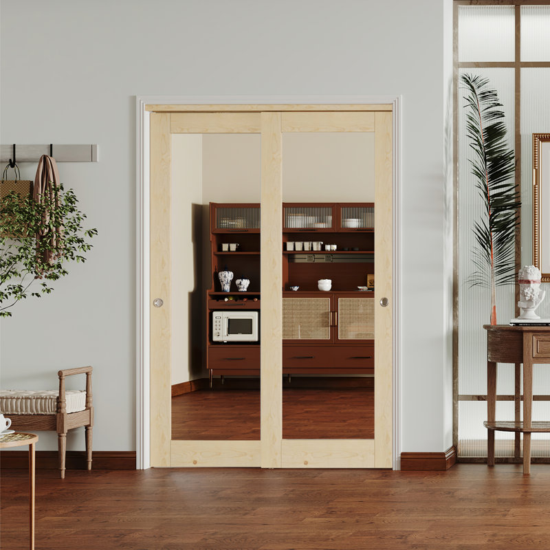 Porte de placard coulissante - 1 miroir avec cadre en bois, porte coulissante en panneau de fibres à densité moyenne avec poignée et tringle coulissante