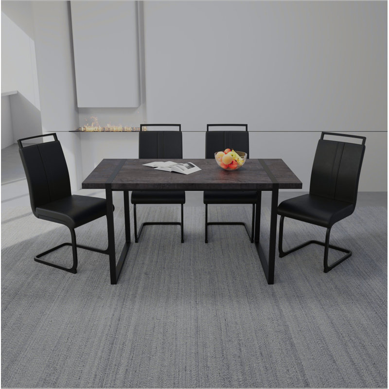 59 " Dining Table Rural Industrial Rectangular MDF Black Set and PU Armless Dining Chair Set, 4 pieces. Kitchen Black Metal Table Leg Dining Chair Set