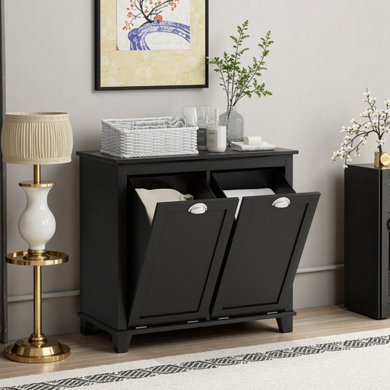 Dual Tilt-Out Hamper Cabinet | Black MDF Bathroom Laundry Storage Floor Cabinet | 30"W x 16"D x 27.5"H, Black