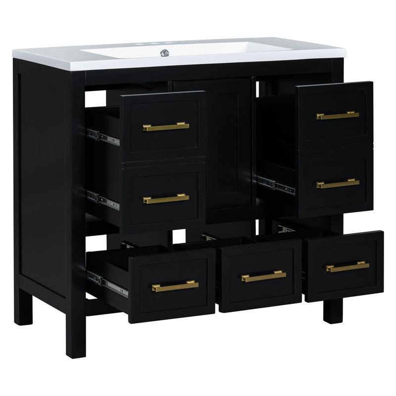 Armoire de salle de bain 36 po en résine - bois massif et portes 5 tiroirs, Noir