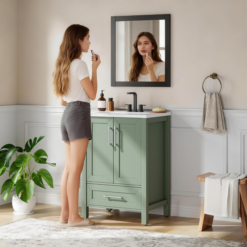 24" Light Green Bathroom Vanity with Ceramic Sink, 1 Drawer & 2 Soft Closing Doors, Single Sink Vanity with Integral Top