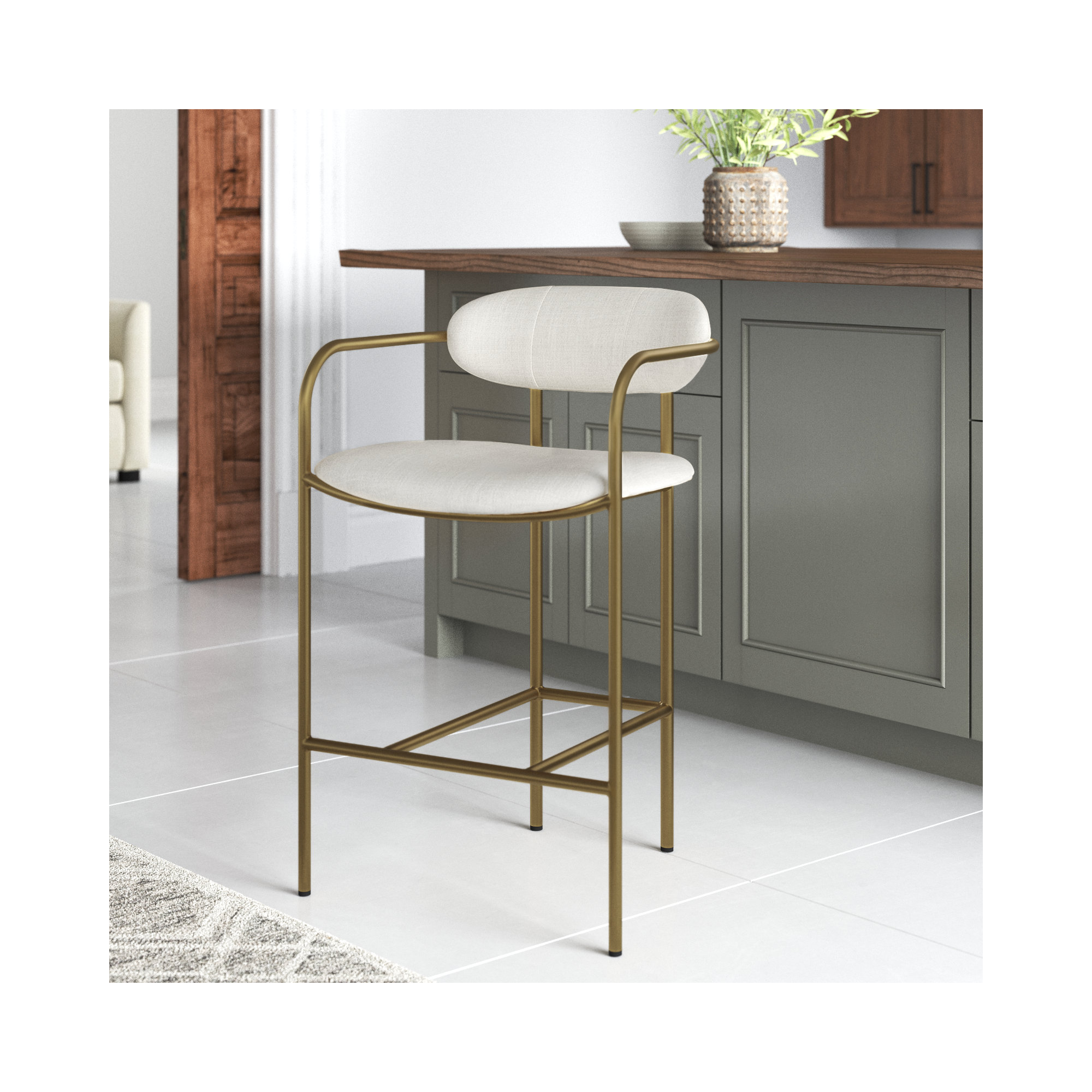 Belarus Fabric Seat Stool, Cream Linen Blend, Antiqued Gold, Bar Stool (30” Seat Height)