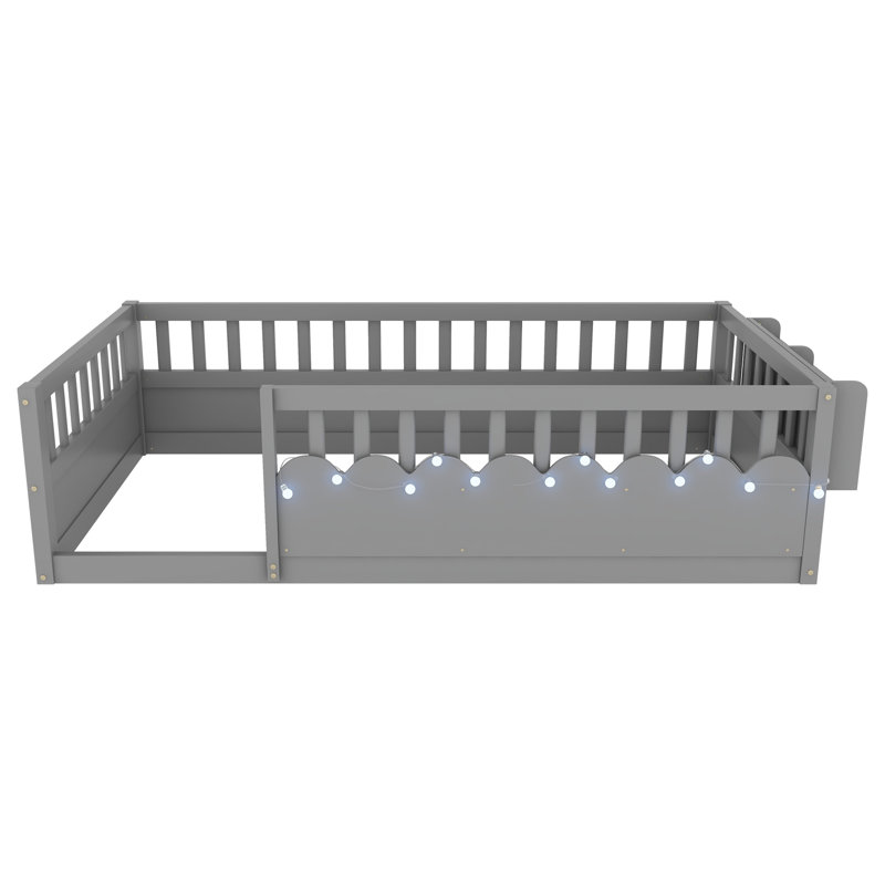 Cadre de lit au sol Montessori avec barrières hautes, lumière DEL et tablette de rangement pour enfants, Lit simple, Gris