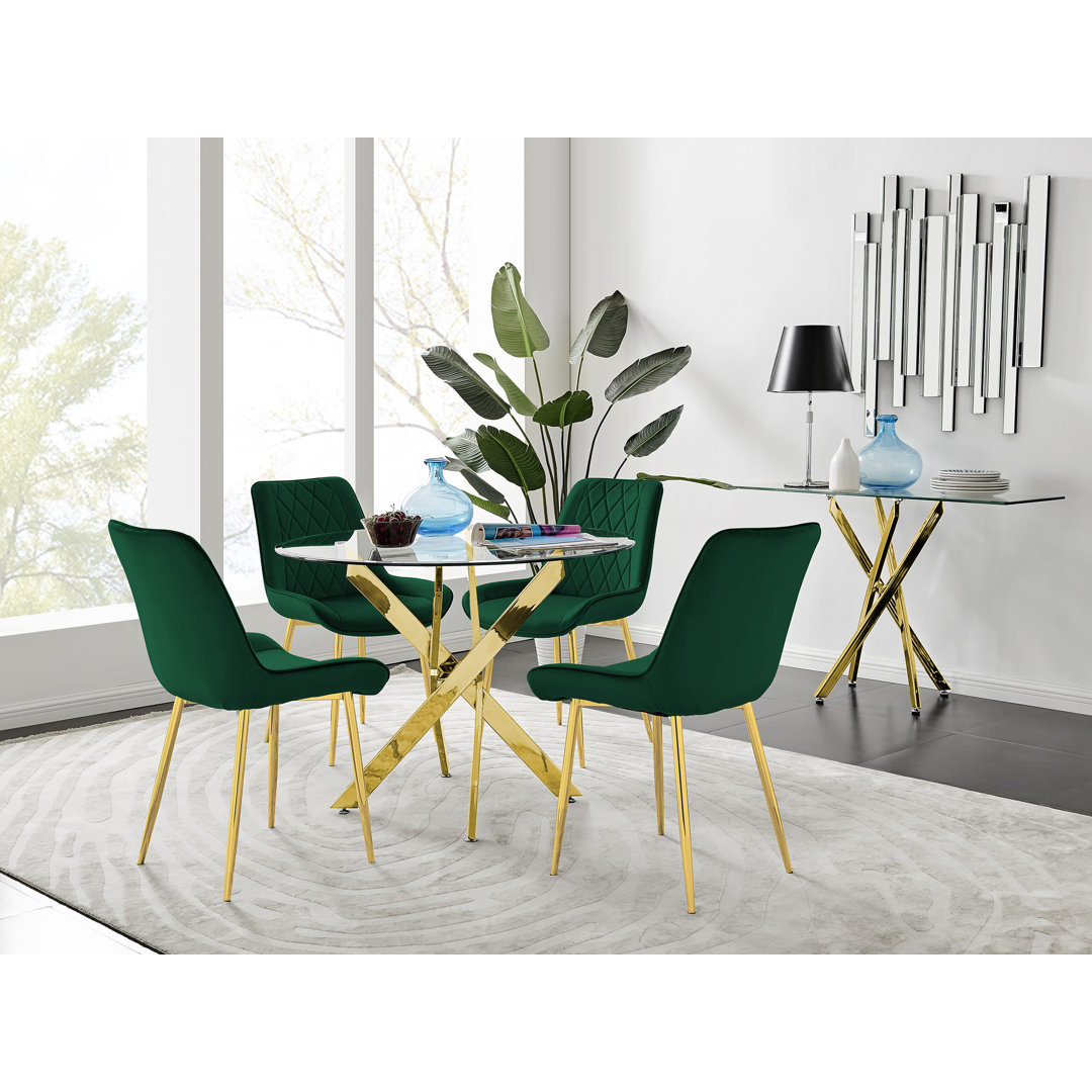 Tierra Sleek Metal and Glass Round Dining Table Set with 4 Luxury Velvet Upholstered Dining Chairs East Urban Home Chair 